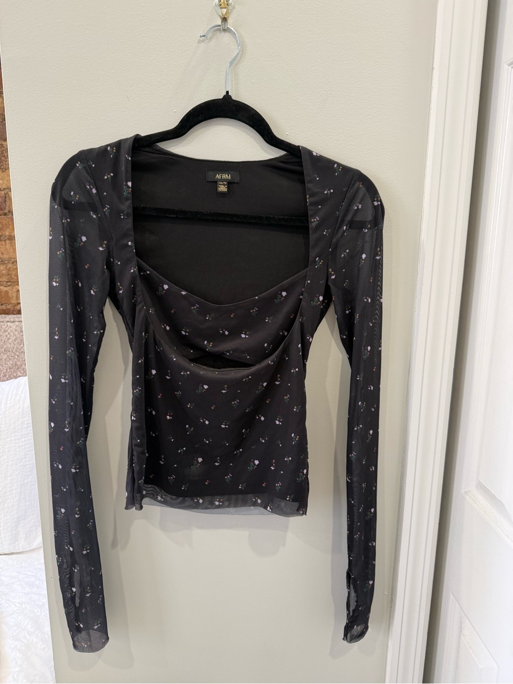 AFRM Black Floral Cutout Sheer Long-Sleeve Camisole - Picture 2 of 4